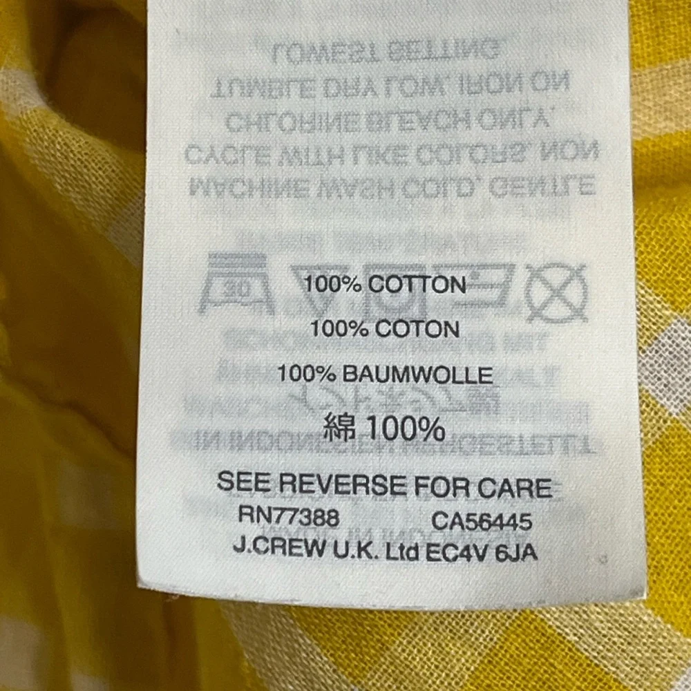 J. Crew Women’s Size 6 Yellow Gingham Ruffled Neckline Pleated Bib Cotton Top